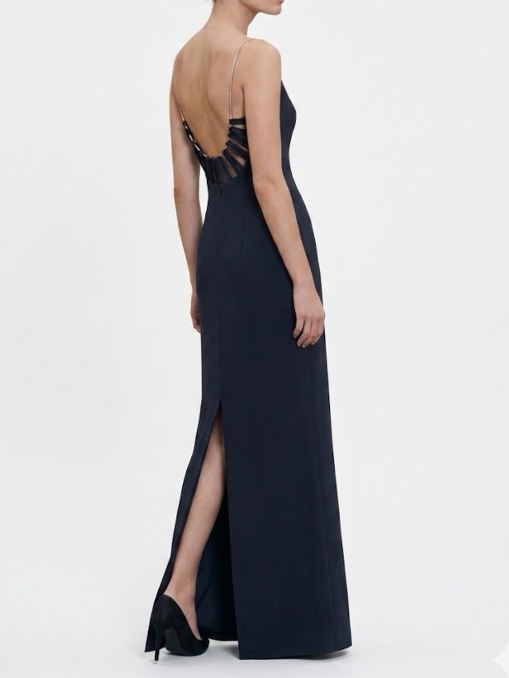 Vintage 90s Algo Evening Gown Black Low Open Back Gold Metallic Strap Sz 8